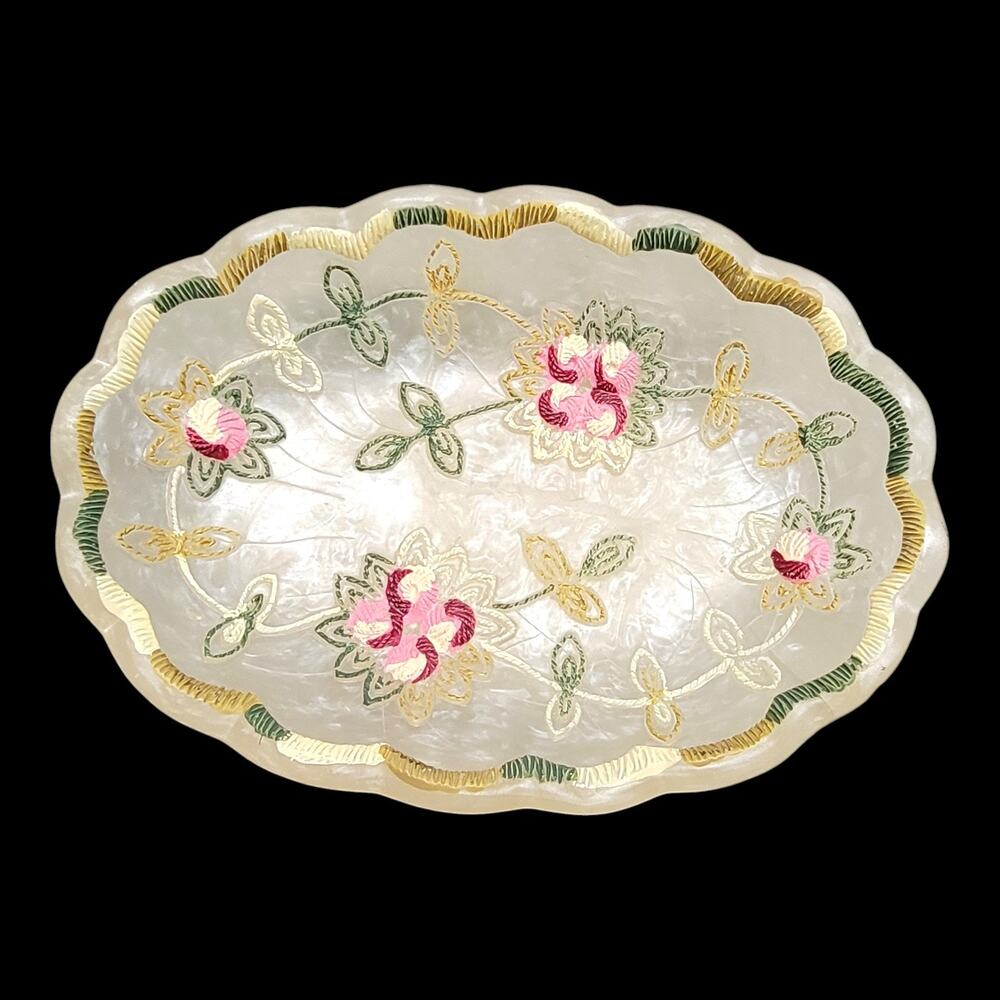 Vintage Style Floral Resin Pedestal Bowl Embroidered Lace Inlay Shabby Chic Dish